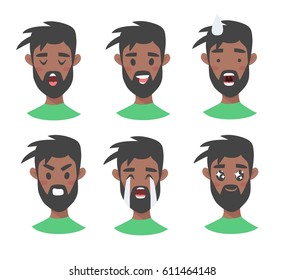 Set of male emoji characters. Cartoon style emotion icons. Isolated boys avatars with different facial expressions. Flat illustration men's emotional faces. Hand drawn vector drawing emoticon 