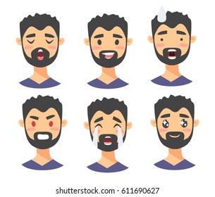 Set of male emoji characters. Cartoon style emotion icons. Isolated boys avatars with different facial expressions. Flat illustration men emotional faces. Hand drawn vector drawing emoticon