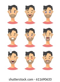 Set of male emoji characters. Cartoon style emotion icons. Isolated boys avatars with different facial expressions. Flat illustration men emotional faces. Hand drawn vector drawing emoticon