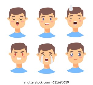 Set of male emoji characters. Cartoon style emotion icons. Isolated boy avatars with different facial expressions. Flat illustration men emotional faces. Hand drawn vector drawing emoticon