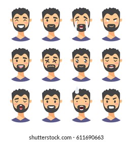 Set of male emoji characters. Cartoon style emotion icons. Isolated boys avatars with different facial expressions. Flat illustration men emotional faces. Hand drawn vector drawing emoticon