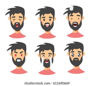 Set of male emoji characters. Cartoon style emotion icons. Isolated boys avatars with different facial expressions. Flat illustration men emotional faces. Hand drawn vector drawing emoticon
