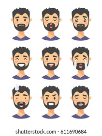 Set of male emoji characters. Cartoon style emotion icons. Isolated boys avatars with different facial expressions. Flat illustration men emotional faces. Hand drawn vector drawing emoticon