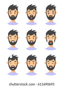 Set of male emoji characters. Cartoon style emotion icons. Isolated boys avatars with different facial expressions. Flat illustration men emotional faces. Hand drawn vector drawing emoticon