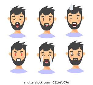 Set of male emoji characters. Cartoon style emotion icons. Isolated boys avatars with different facial expressions. Flat illustration men emotional faces. Hand drawn vector drawing emoticon