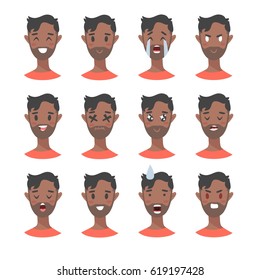 Set of male emoji characters. Cartoon style emotion icons. Isolated boys avatars with different facial expressions. Flat illustration men's emotional faces. Hand drawn vector drawing emoticon 