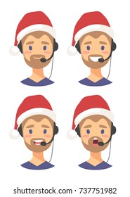 Set of male emoji customer support phone operator in Christmas hat. Callcenter worker with headset. Cartoon vector illustration man agent