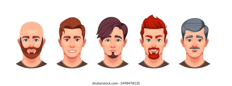 Set Of Male Face Avatars Featuring Different Hairstyles, Facial Hair And Expressions. Ideal For Use In Profile Pictures