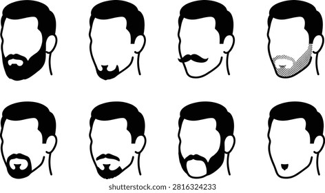 A set of male face icons showcasing different beard and mustache styles, from full beard and goatee to mustache and clean shaven, ideal for barbershop and grooming themed designs. Suitable for salon branding, style guides, and men fashion related commercial projects.