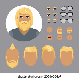 Set of male faces with blond hair. Character Creation. Eye, mouth, nose, eyebrows, beard, glasses and hairstyles. Flat vector illustration.