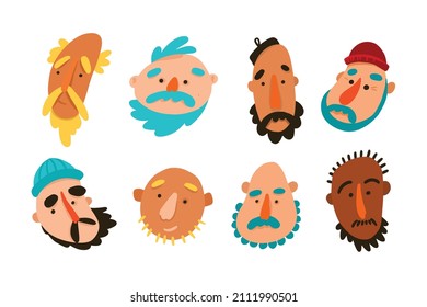 Set of male faces of different nationalities in cartoon style