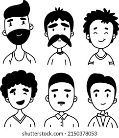 A set of male faces drawn with a black line in doodle style. Portraits of boys and men with different hairstyles drawn with a black line.