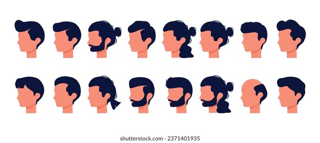 Set of male faces in profile with different hairstyles and beards. Vector stock illustration. Isolated. White background. Flat style. Character. People without faces