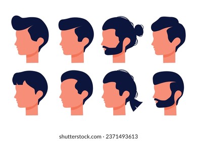 Set of male faces in profile with different hairstyles and beards. Vector stock illustration. Isolated. White background. Flat style. Character. People without faces. Style and beauty. Bald. Laying