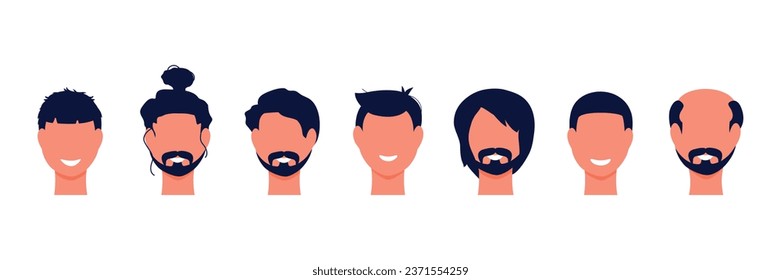 Set of male faces in profile with different hairstyles. Flat style. Vector stock illustration. Isolated. White background. Character. People. Style. Laying. Beauty saloon. Men