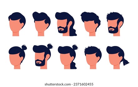 Set of male faces in profile with different hairstyles. Isolated. Laying. Beauty saloon. White background. People. Character. Flat style. Vector stock illustration. Style. Men. Dark hair