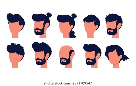 Set of male faces in profile with different hairstyles. Isolated. Style. Men. Dark hair.Laying. Beauty saloon. White background. People. Character.Vector stock illustration.  Flat style. 