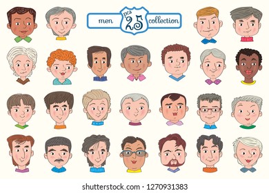 Set of male faces. Separate layers of objects and background for easy editing.Illustration done in cartoon style