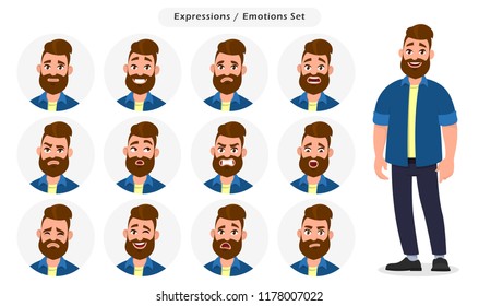 Set of male facial different expressions. Man emoji character with different emotions. Emotions and body language concept illustration in vector cartoon style.