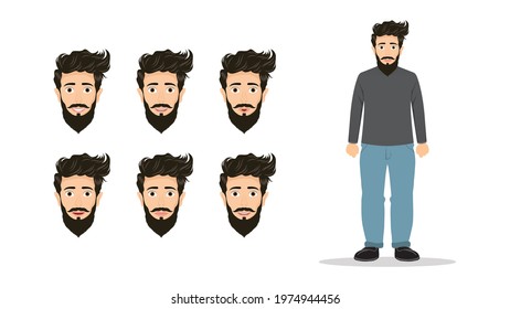 Set of male facial different expressions. Man character with different emotions. Emotions and body language concept illustration in vector cartoon style