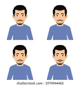 Set of male facial different expressions. Man character with different emotions. Emotions and body language concept illustration in vector cartoon style