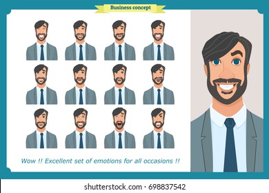 Set of male facial emotions. Adult business man character with different expressions.Vector flat illustration in cartoon style.Peoples faces, men, person. Male characters.businessman. For animation