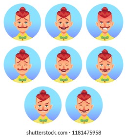 Set of male facial emotions avatar. Hipster man with mustache emoji funny cute character with different expressions. Vector illustration in cartoon style.