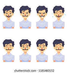 Set of male facial emotions avatar. Hipster man with mustache emoji funny cute character with different expressions. Vector illustration in cartoon style.