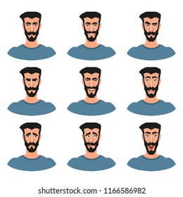 Set of male facial emotions. Bearded man character. Vector.