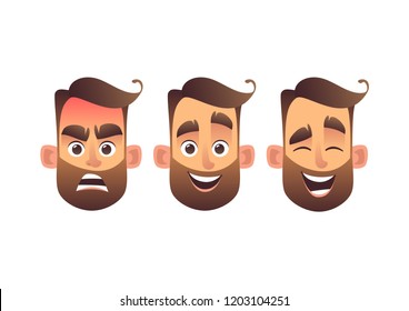 Set of male facial emotions bearded man emoji character with different expressions in cartoon style