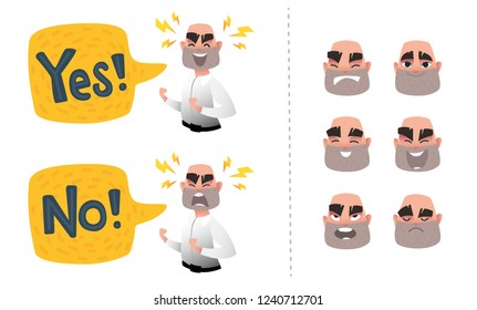 Set of male facial emotions. Bearded bald man emoji character with different expressions. Business man shouting Yes or No. Bright speech bubble for your design. Vector illustration in cartoon style