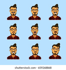 Set of male facial emotions. Bearded hipster man character emotions, bearded male heads set. Vector illustration in cartoon style.