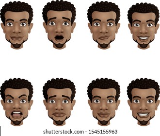 Set of male facial emotions. Black african american businessman with different face expressions svg