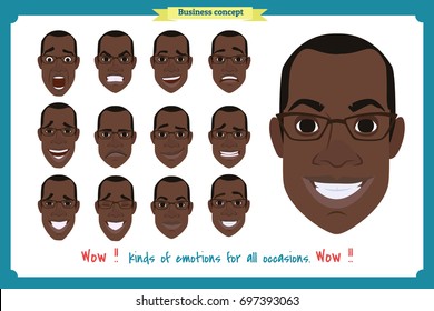 Set of male facial emotions. Black American man emotive character with different expressions.Vector illustration in cartoon style.People's faces, man, boy, person, user.Male characters.businessman.Joy