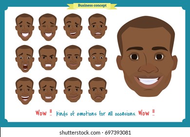 Set of male facial emotions. Black American man emoji character with different expressions. Vector illustration in cartoon style.People's faces, man, boy, person, user.Male characters.businessman.Joy