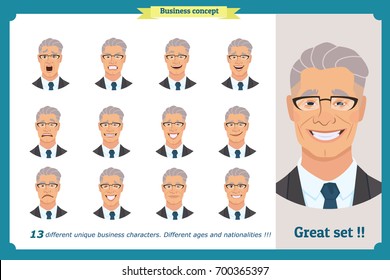 Set of male facial emotions.Old business man character with different expressions.Vector flat illustration in cartoon style.Peoples faces, man, person.Male characters.businessman. Smiling Men