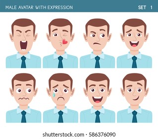 Set of male facial emotions. Male cartoon style character with different expressions. Vector illustration. Set one of six.