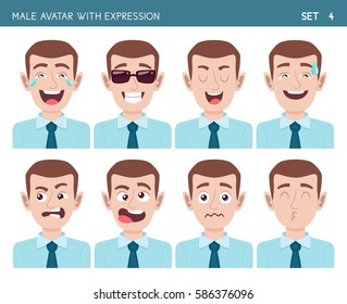 Set of male facial emotions. Male cartoon style character with different expressions. Vector illustration. Set four of six.