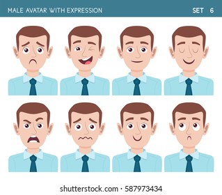 Set of male facial emotions. Male cartoon style character with different expressions. Vector illustration. Set six of six.