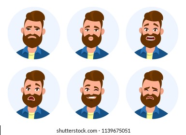 Set of male facial emotions. Different male emotions set. Man emoji character with different expressions.