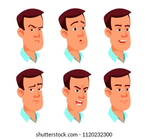 Set of male facial emotions. Man character with different expressions. Cartoon male character head collection in cartoon style