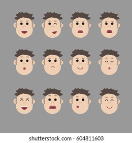Set of male facial emotions, man cartoon style character with dark hair and earring
