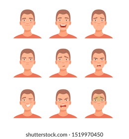Set of male facial emotions. Vector illustration in cartoon style