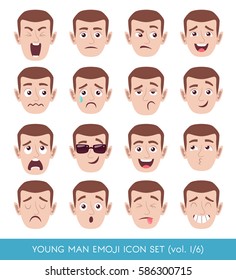 Set of male facial emotions. White man face with different expressions. Vector illustration in cartoon style.