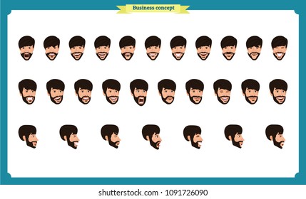 Set of male facial emotions. young man emoji character with different expressions Front, side, back view. Vector illustration isolated.People's faces, person.Male characters.businessman.Joy, laughter