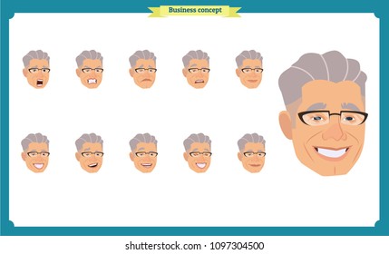 Set of male facial emotions. young man emoji character with different expressions Front, side, back view. Vector illustration isolated.People's faces, person.Male characters.businessman.Joy, laughter