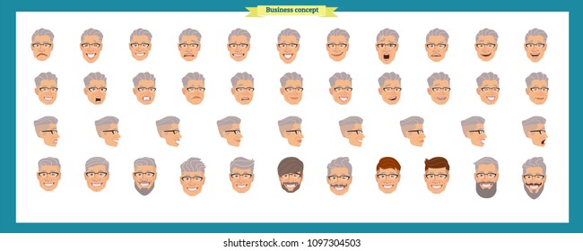 Set of male facial emotions. young man emoji character with different expressions Front, side, back view. Vector illustration isolated.People's faces, person.Male characters.businessman.Joy, laughter