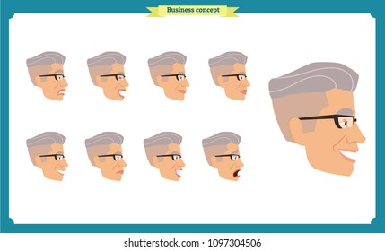 Set of male facial emotions. young man emoji character with different expressions Front, side, back view. Vector illustration isolated.People's faces, person.Male characters.businessman.Joy, laughter