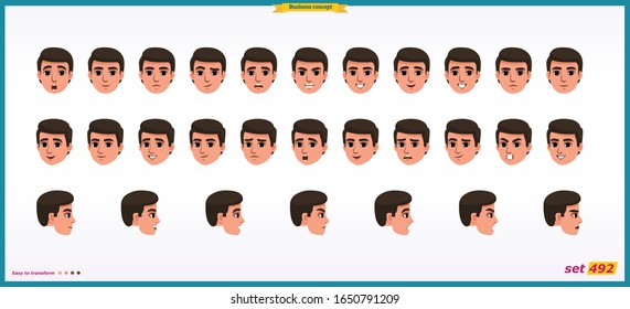 Set of male facial emotions. young man emoji character with different expressions Front, side, back view. Vector illustration isolated.People's faces, person.Male characters.businessman.Joy, laughter