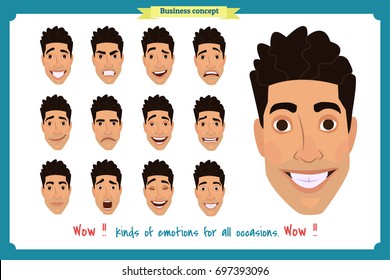 Set of male facial emotions. young man emoji character with different expressions. Vector illustration in cartoon style.People's faces, man, boy, person, user.Male characters.businessman.Joy, laughter